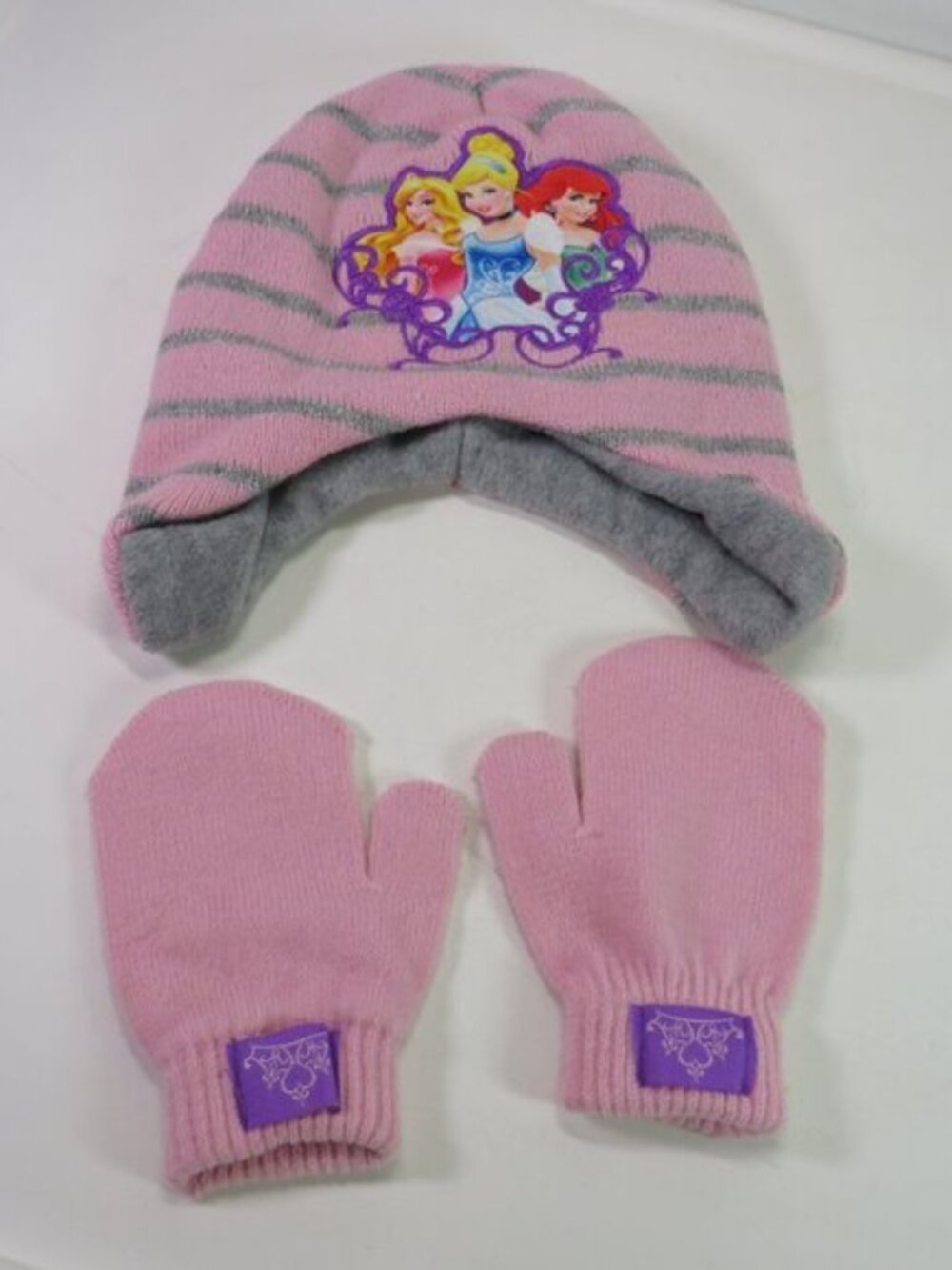 Disney Princess Girls Fleece Lined Beanie Earflap Hat & Mittens Set Pink Striped
